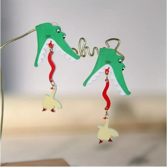 14k Crocodile & duck whimsical kawaii novelty earrings - Picture 1 of 6